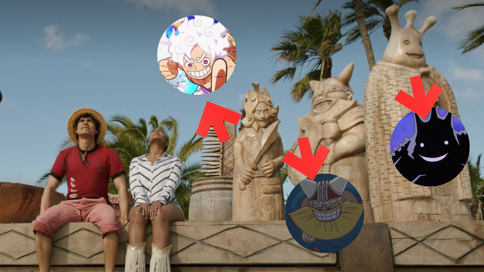 curiosidades live action one piece episódio 4 gigantes estatuas Nika brogy e loki